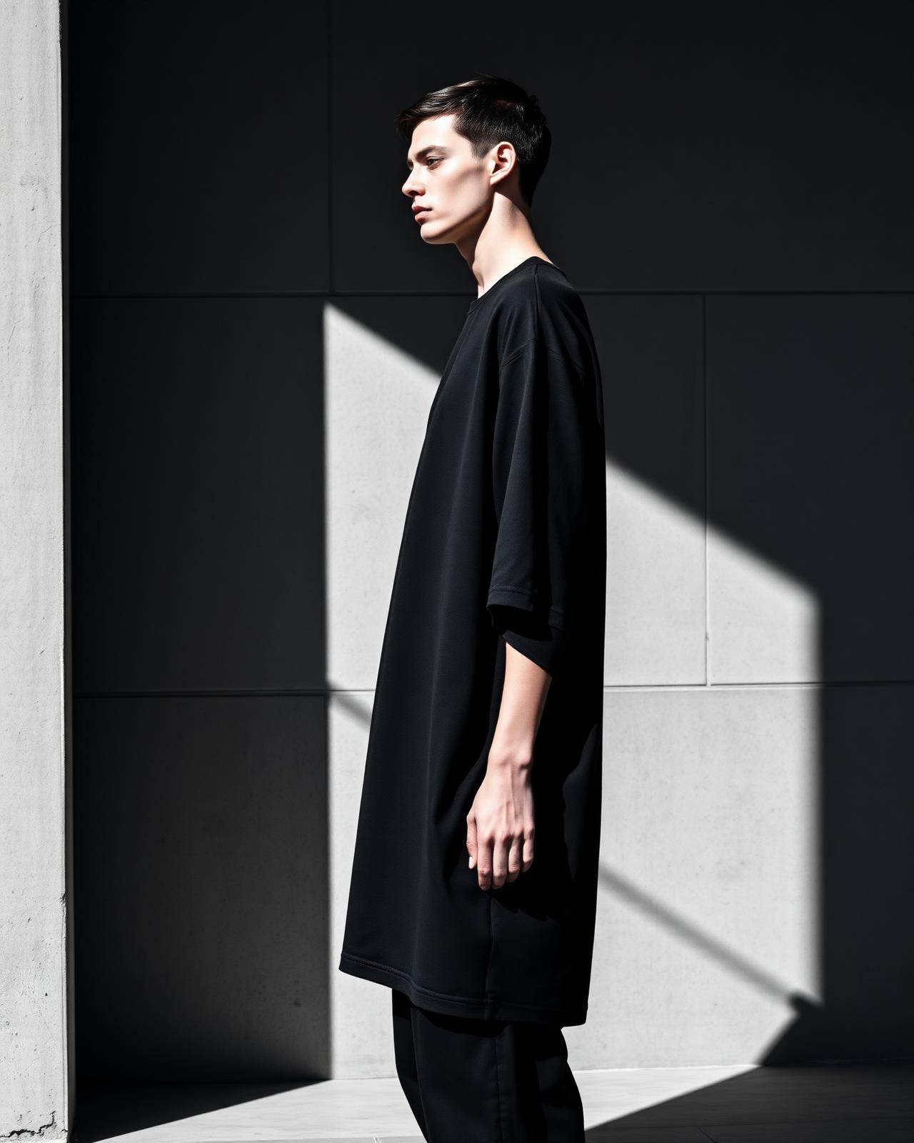 Model in heavyweight oversized tee against concrete